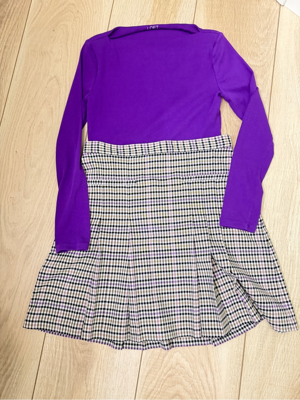 LOFT Purple Top with Black,Brown, Purple White Plaid Pleated Skirt